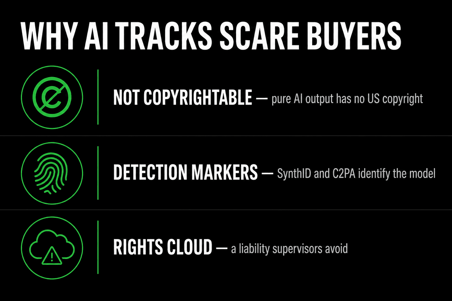 Why AI tracks scare buyers. Not copyrightable: pure AI output has no US copyright. Detection markers: SynthID and C2PA identify the model. Rights cloud: a liability supervisors avoid.