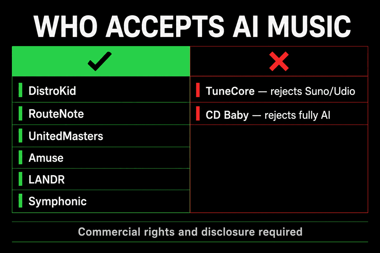 Which distributors accept AI music. Accepting: DistroKid, RouteNote, UnitedMasters, Amuse, LANDR and Symphonic. Rejecting: TuneCore rejects Suno and Udio tracks, CD Baby rejects fully AI-generated music. Commercial rights and disclosure are required.
