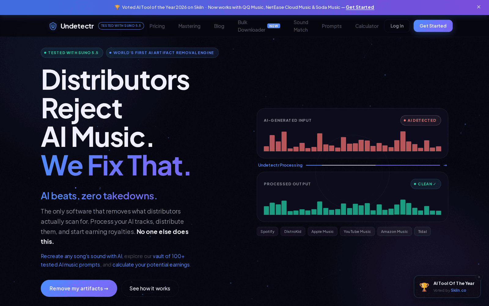 The Undetectr.com homepage, showing an AI-generated input waveform marked AI DETECTED in red being processed into a clean output waveform marked CLEAN in green, with Spotify, DistroKid, Apple Music, YouTube Music, Amazon Music and Tidal listed beneath.