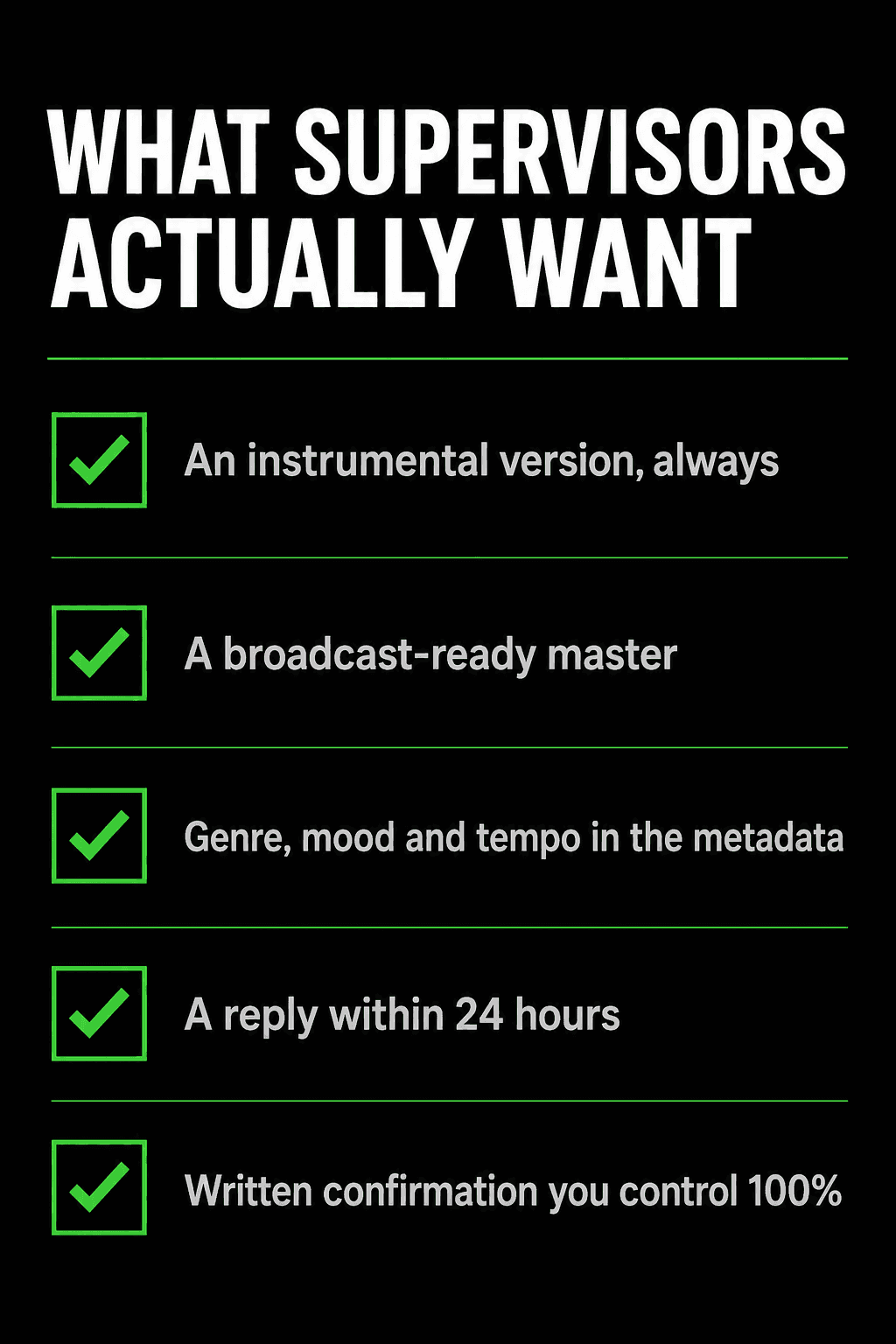 What music supervisors actually want: an instrumental version always, a broadcast-ready master, genre mood and tempo in the metadata, a reply within 24 hours, and written confirmation you control 100 percent of the rights.