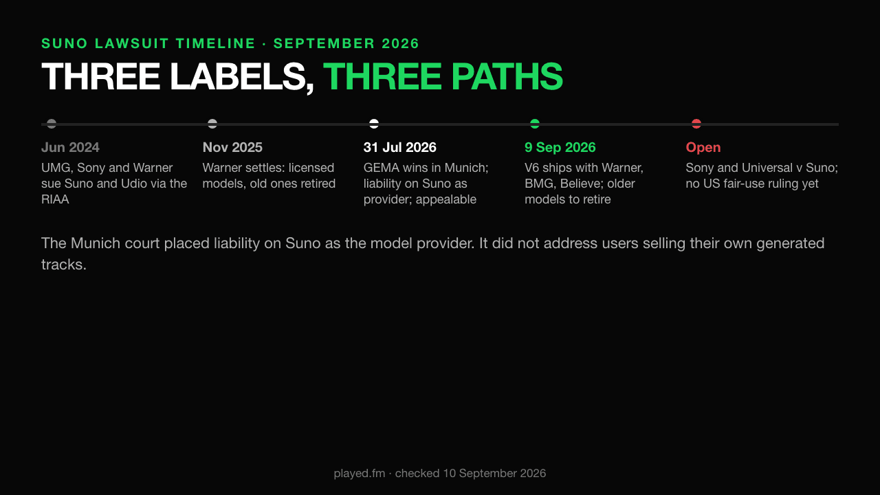 Suno lawsuit timeline. June 2024: Universal, Sony and Warner sue Suno and Udio through the RIAA. November 2025: Warner settles; Suno commits to launch licensed models and retire its existing ones. 31 July 2026: GEMA wins against Suno in the Munich Regional Court I; liability placed on Suno as the model provider, appealable. 3 September 2026: download limits and new terms of service take effect. 9 September 2026: V6 launches, built with Warner, BMG and Believe; all earlier models to be retired. Still open: Sony and Universal versus Suno in the United States, no fair-use ruling yet.