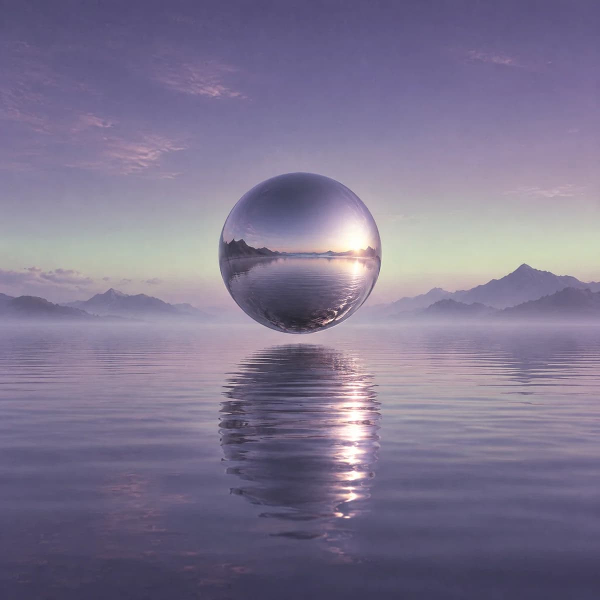 Example album artwork: a silver sphere over a lilac ocean