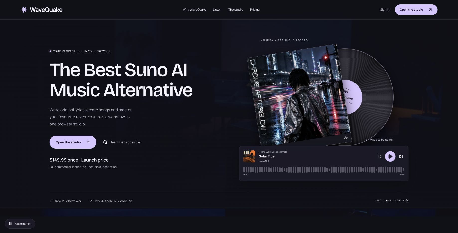 WaveQuake homepage showing its one-time browser-studio offer