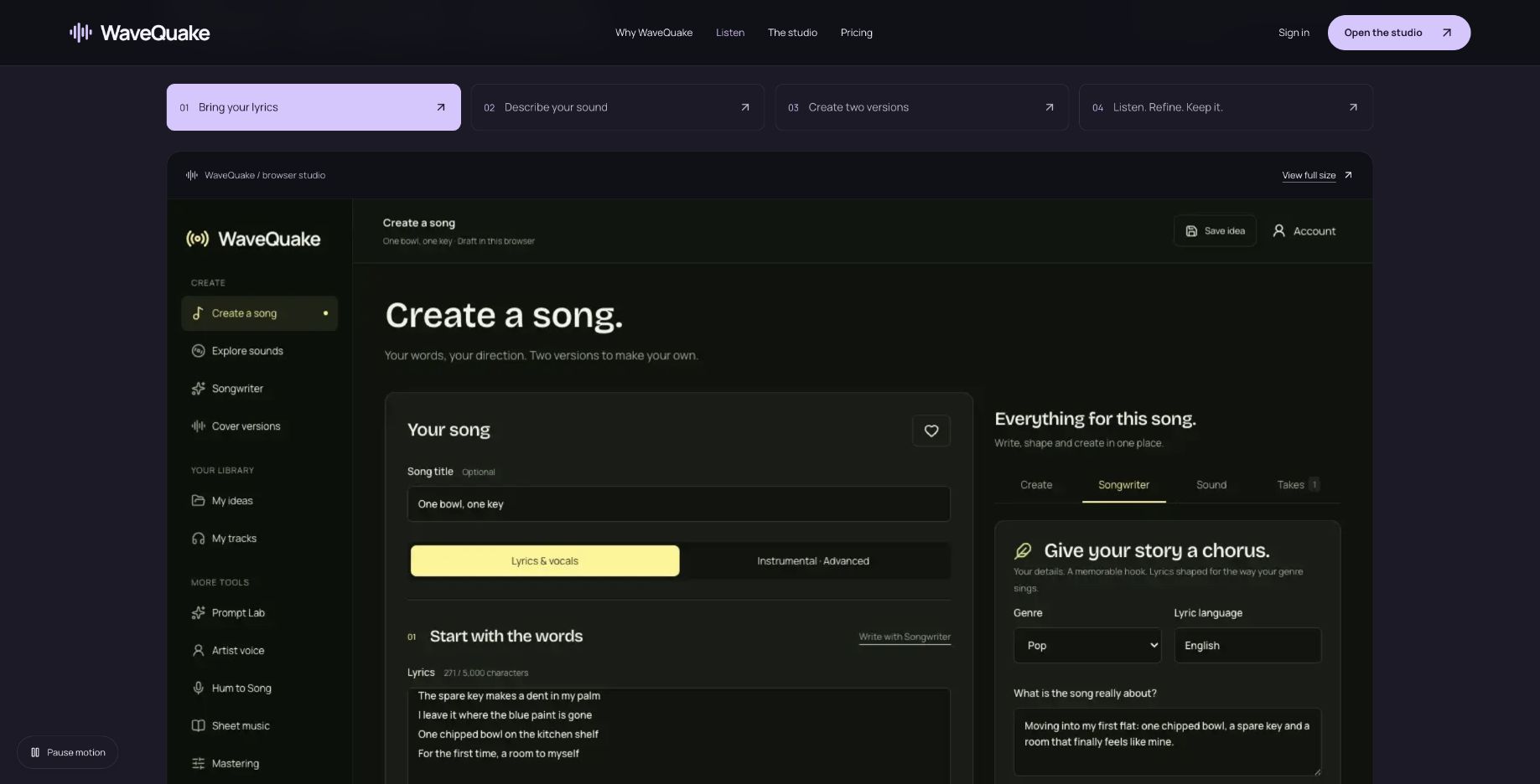 WaveQuake public studio tour showing the lyric editor and Songwriter