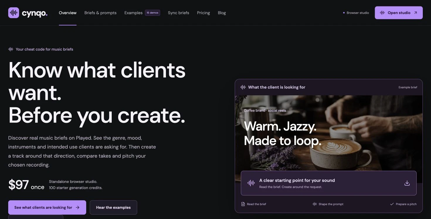 Cynqo’s actual homepage presents a browser studio built around reading a brief before creating music.