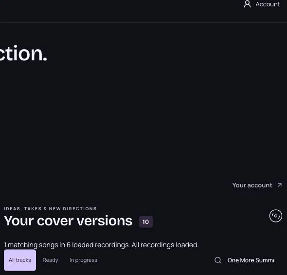 An existing cover result in the account, showing two versions and their MP3 and WAV controls. This screenshot demonstrates the library interface.