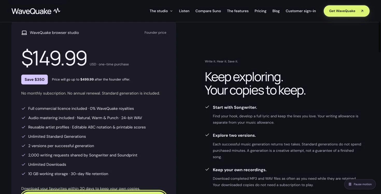 WaveQuake's public pricing page on 30 October 2026. Prices and plan terms can change; check the live offer before buying.